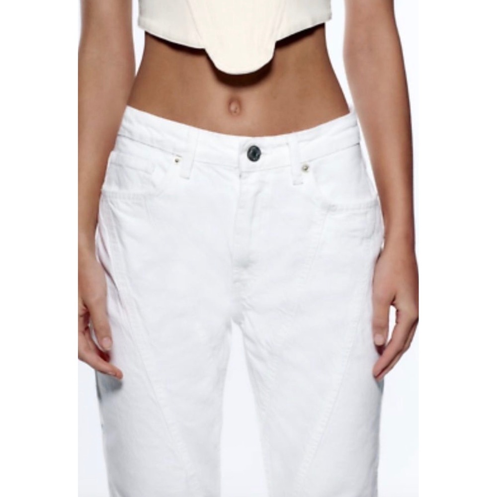 Zara high-rise, straight-leg white jeans pronounced diagonal‎ seam patchwork 4